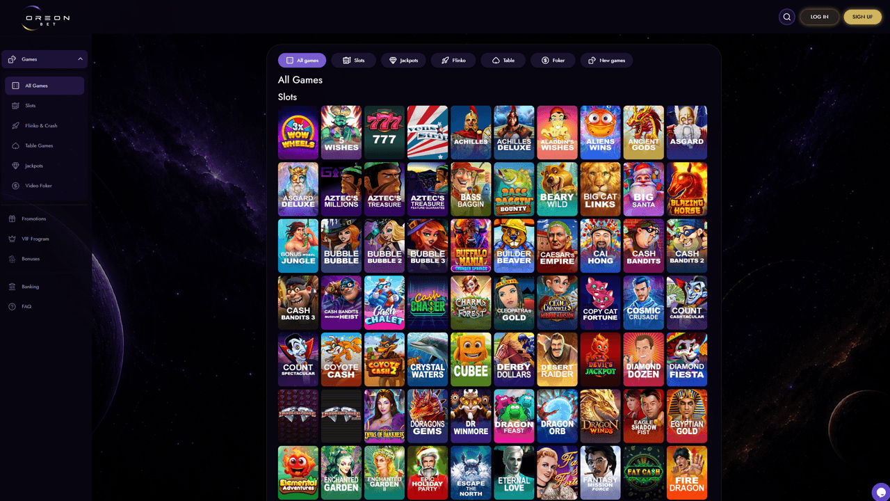 Oreon Bet Casino Game Lobby Preview Image